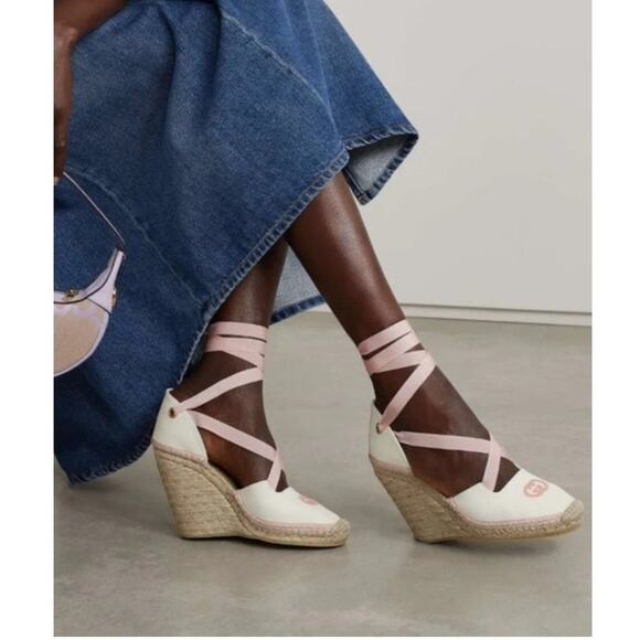 Gucci GG Espadrille Ribbon Tie Canvas Pink Wedge White 38.5 - Picture 9 of 9
